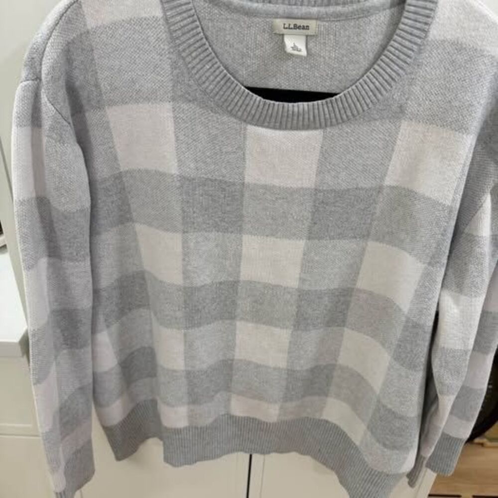 L.L.Bean Gray & Ivory Buffalo Check Cotton Cashmere Sweater – Size Large